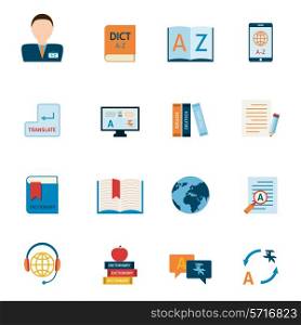 Interlengual synchronic translator mobile electronic device dictionary support alphabet apps flat icons set abstract isolated vector illustration