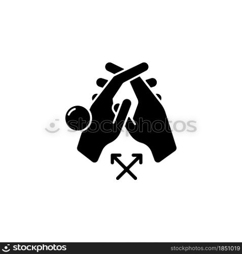 Interlink fingers black glyph icon. Removing dirt between fingers. Hand hygiene. Cleaning under fingernails. Washing with running water. Silhouette symbol on white space. Vector isolated illustration. Interlink fingers black glyph icon