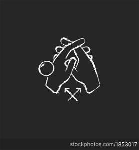 Interlink fingers chalk white icon on dark background. Removing dirt between fingers. Cleaning under fingernails. Washing with running water. Isolated vector chalkboard illustration on black. Interlink fingers chalk white icon on dark background