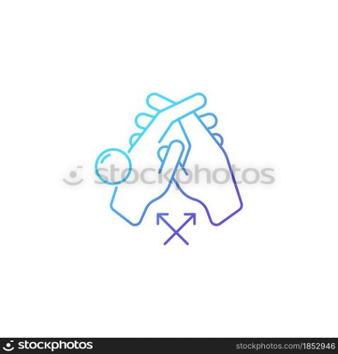 Interlink fingers gradient linear vector icon. Removing dirt between fingers. Hand hygiene. Cleaning under fingernails. Thin line color symbol. Modern style pictogram. Vector isolated outline drawing. Interlink fingers gradient linear vector icon