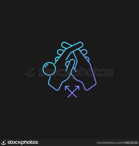Interlink fingers gradient vector icon for dark theme. Removing dirt between fingers. Cleaning under fingernails. Thin line color symbol. Modern style pictogram. Vector isolated outline drawing. Interlink fingers gradient vector icon for dark theme
