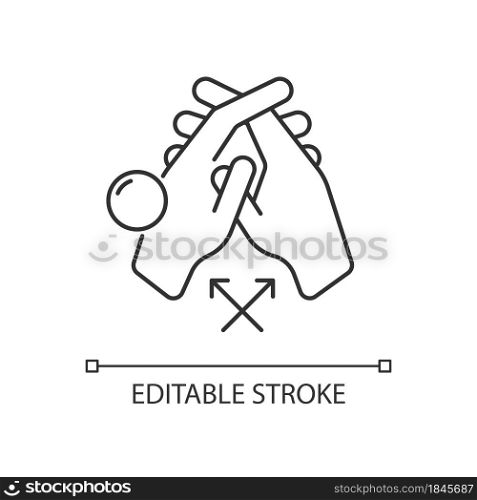 Interlink fingers linear icon. Removing dirt between fingers. Cleaning under fingernails. Thin line customizable illustration. Contour symbol. Vector isolated outline drawing. Editable stroke. Interlink fingers linear icon