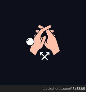 Interlink fingers RGB color icon for dark theme. Removing visible dirt between fingers. Hand hygiene. Isolated vector illustration on night mode background. Simple filled line drawing on black. Interlink fingers RGB color icon for dark theme