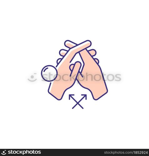 Interlink fingers RGB color icon. Removing dirt between fingers. Hand hygiene. Cleaning under fingernails. Washing with warm running water. Isolated vector illustration. Simple filled line drawing. Interlink fingers RGB color icon
