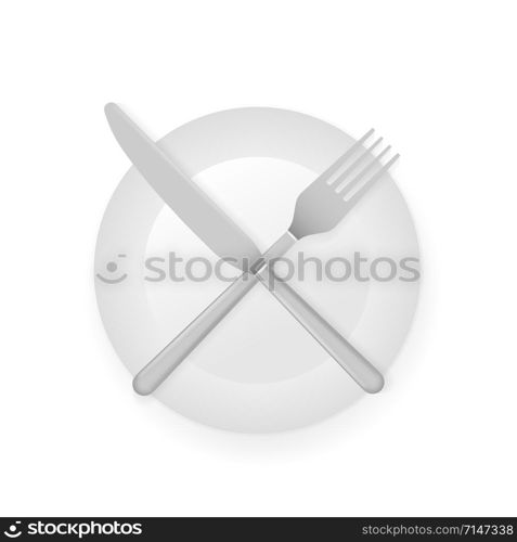 Intermittent fasting concept with knife and fork on white plate showing, cross symbol. Intermittent fasting concept with knife and fork on white plate showing, cross symbol.
