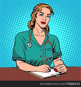 Intern front Desk at the hospital. Pop art retro style. Medicine and health. The reception at the doctor. Adult, middle-aged woman Caucasian
