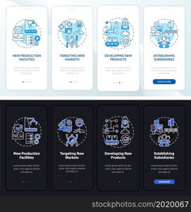 Internal business growth dark, light onboarding mobile app page screen. Walkthrough 4 steps graphic instructions with concepts. UI, UX, GUI vector template with linear night and day mode illustrations. Internal business growth dark, light onboarding mobile app page screen