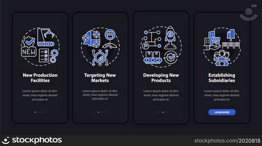 Internal business growth dark onboarding mobile app page screen. Walkthrough 4 steps graphic instructions with concepts. UI, UX, GUI vector template with linear night mode mode illustrations. Internal business growth dark onboarding mobile app page screen