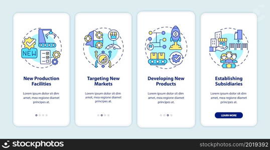 Internal business growth onboarding mobile app page screen. Company expansion walkthrough 4 steps graphic instructions with concepts. UI, UX, GUI vector template with linear color illustrations. Internal business growth onboarding mobile app page screen