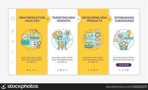 Internal business growth onboarding vector template. Responsive mobile website with icons. Web page walkthrough 4 step screens. Company expand color concept with linear illustrations. Internal business growth onboarding vector template