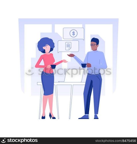 Internal communication isolated concept vector illustration. Colleagues talking and drinking coffee, workers communication, business etiquette, corporate culture, company rules vector concept.. Internal communication isolated concept vector illustration.