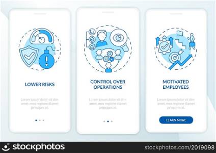 Internal growth advantages blue onboarding mobile app page screen. Business expand walkthrough 3 steps graphic instructions with concepts. UI, UX, GUI vector template with linear color illustrations. Internal growth advantages blue onboarding mobile app page screen