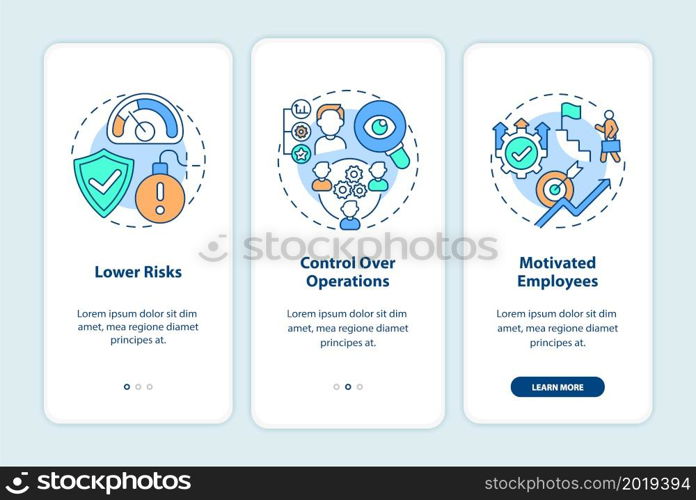 Internal growth advantages onboarding mobile app page screen. Business expansion walkthrough 3 steps graphic instructions with concepts. UI, UX, GUI vector template with linear color illustrations. Internal growth advantages onboarding mobile app page screen