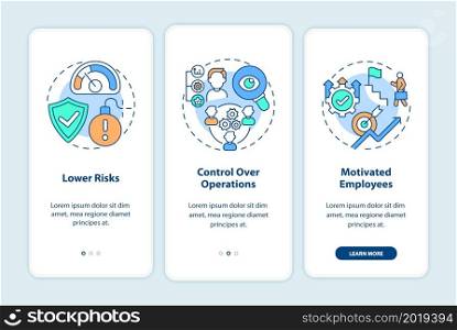 Internal growth advantages onboarding mobile app page screen. Business expansion walkthrough 3 steps graphic instructions with concepts. UI, UX, GUI vector template with linear color illustrations. Internal growth advantages onboarding mobile app page screen