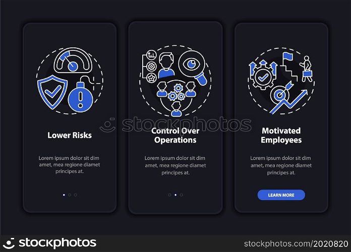 Internal growth perks dark onboarding mobile app page screen. Walkthrough 3 steps graphic instructions with concepts. UI, UX, GUI vector template with linear night mode mode illustrations. Internal growth perks dark onboarding mobile app page screen