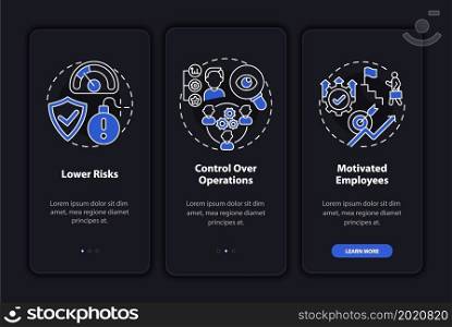 Internal growth perks dark onboarding mobile app page screen. Walkthrough 3 steps graphic instructions with concepts. UI, UX, GUI vector template with linear night mode mode illustrations. Internal growth perks dark onboarding mobile app page screen