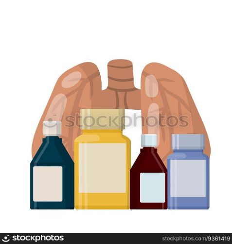 Internal human organs. Cartoon flat illustration. Health and treatment. Set of package with pill and drug. Lung. Problem with breathing. Medical care