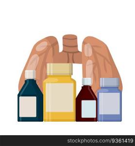 Internal human organs. Cartoon flat illustration. Health and treatment. Set of package with pill and drug. Lung. Problem with breathing. Medical care
