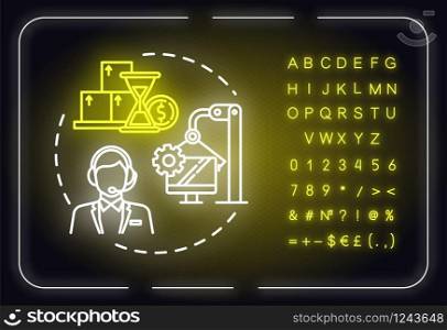 Internal processes neon light concept icon. Finance industry. Acquire customers. Optimization idea. Outer glowing sign with alphabet, numbers and symbols. Vector isolated RGB color illustration