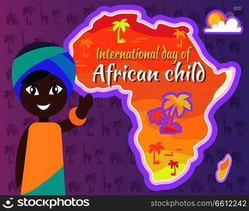 International African Child Day postcard with girl in ethnic clothing and map of Africa with sign on background vector illustration.. International African Child Day Postcard with Gril