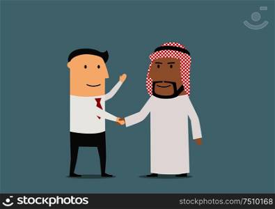 International agreement concept with handshake of smiling european and arab businessmen, that confirm their partnership. Handshake of european and arab businessmen