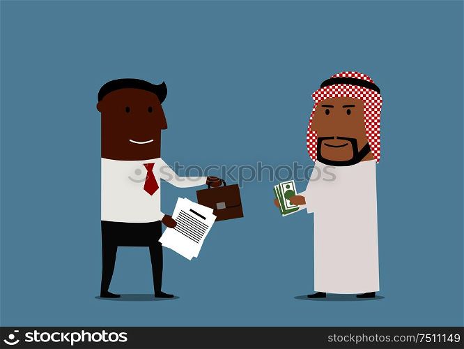 International agreement, partnership or global market business concept. Cheerful arabian and african american business partners signing contract and exchanging documents, money and part of business. Arabian and american businessmen signing contract