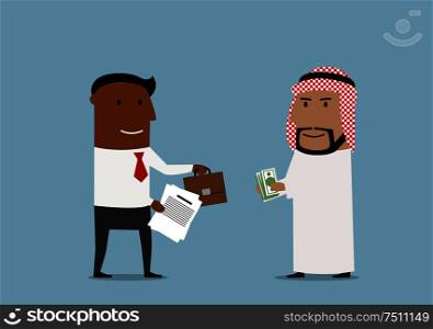 International agreement, partnership or global market business concept. Cheerful arabian and african american business partners signing contract and exchanging documents, money and part of business. Arabian and american businessmen signing contract