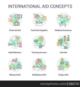 International aid concept icons set. Foreign volunteer opportunities idea thin line color illustrations. Financial aid. Isolated symbols. Editable stroke. Roboto-Medium, Myriad Pro-Bold fonts used. International aid concept icons set