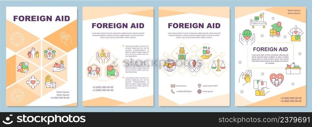 International aid orange brochure template. Protecting human rights. Leaflet design with linear icons. 4 vector layouts for presentation, annual reports. Arial-Black, Myriad Pro-Regular fonts used. International aid orange brochure template