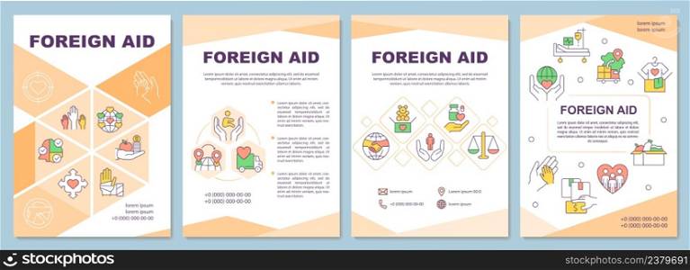 International aid orange brochure template. Protecting human rights. Leaflet design with linear icons. 4 vector layouts for presentation, annual reports. Arial-Black, Myriad Pro-Regular fonts used. International aid orange brochure template