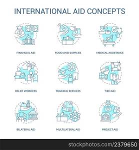 International aid turquoise concept icons set. Foreign volunteer opportunities idea thin line color illustrations. Isolated symbols. Editable stroke. Roboto-Medium, Myriad Pro-Bold fonts used. International aid turquoise concept icons set