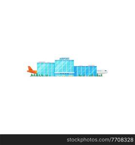 International airlines facade exterior, flying airplanes and buses public transport isolated. Vector airport terminal building, passenger planes and cargo aircrafts. Concourse airport construction. Concourse airport terminal building and airplanes