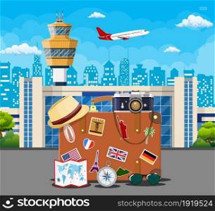 International airport concept. Travel suitcase with stickers of countrys and citys all over the world. Cityscape. Vector illustration flat style. International airport concept. T