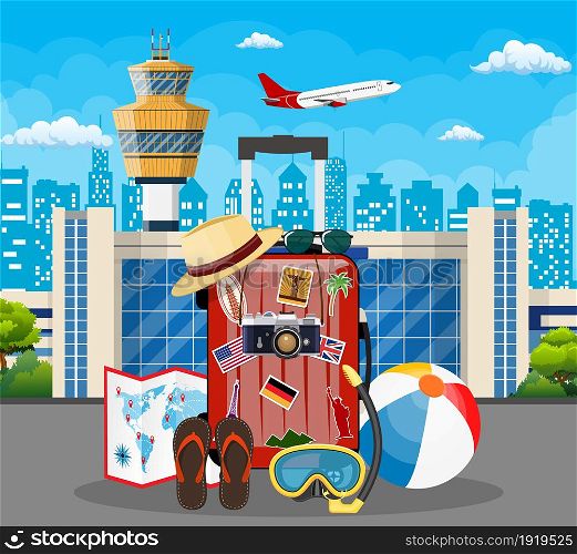 International airport concept. Travel suitcase with stickers of countrys and citys all over the world. Cityscape. Vector illustration flat style. International airport concept.