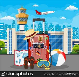 International airport concept. Travel suitcase with stickers of countrys and citys all over the world. Cityscape. Vector illustration flat style. International airport concept.