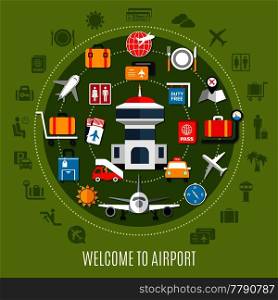 International airport welcome air travel passengers    flat ad poster with available service symbols circle green background vector illustration . Airport Service Flat Advertisement Poster