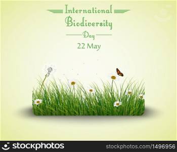 International Biodiversity day poster with Green grass with flowers and butterflies.vector