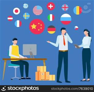 International business and global cooperation. Man sitting on chair near laptop and typing. Office worker has telephone conversation. Flags of different countries on background. Vector illustration. Office Workers of International Company Working