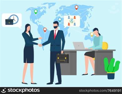 International business and global cooperation. Woman and man shaking hands confirming agreement. Girl sitting with laptop, office worker. World map on background. Vector illustration in flat style. International Businessmen Working in Office Vector