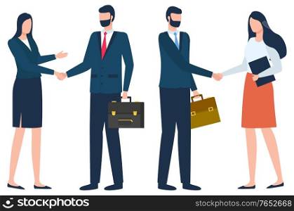International business and global cooperation. Women and men shaking their hands confirming agreement and deal. Man with suitcase and woman with black tablet. Vector illustration in flat style. International Businessmen on Meeting Shaking Hands