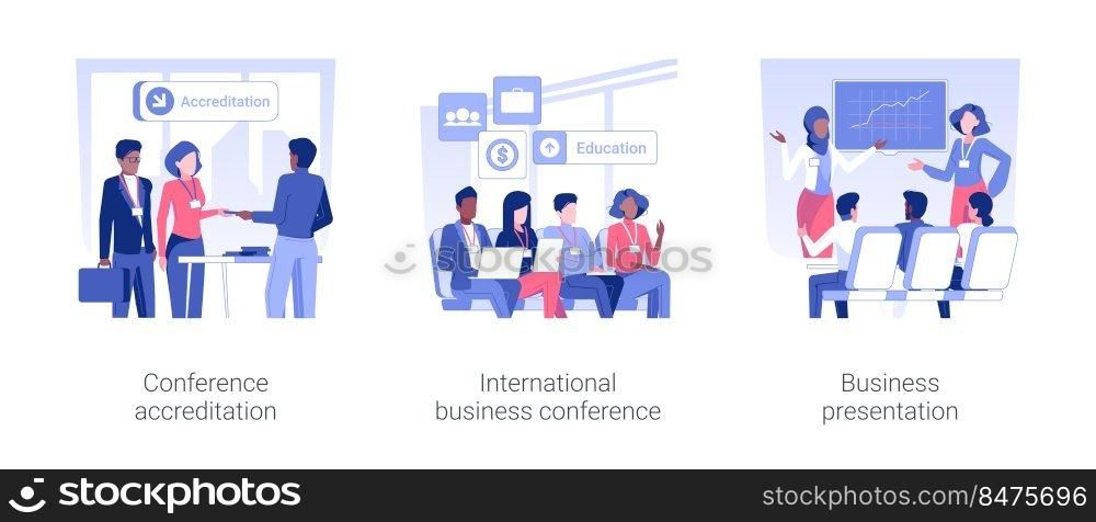 International business conference isolated concept vector illustration set. Conference accreditation, international exhibition, business presentation, work trip, negotiation vector cartoon.. International business conference isolated concept vector illustrations.