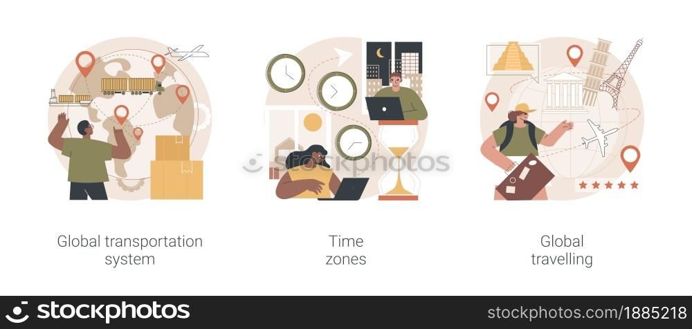 International business coordination abstract concept vector illustration set. Global transportation system, time zone, global travelling, worldwide logistics, travel agency, jet lag abstract metaphor.. International business coordination abstract concept vector illustrations.