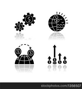 International business, global trade drop shadow black glyph icons set. Assets and natural resources using. Commerce, world trading, competitive edge. Isolated vector illustrations on white space