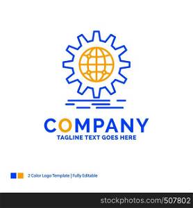 international, business, globe, world wide, gear Blue Yellow Business Logo template. Creative Design Template Place for Tagline.