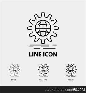 international, business, globe, world wide, gear Icon in Thin, Regular and Bold Line Style. Vector illustration. Vector EPS10 Abstract Template background