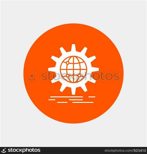 international, business, globe, world wide, gear White Glyph Icon in Circle. Vector Button illustration. Vector EPS10 Abstract Template background
