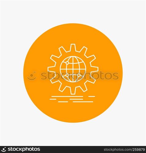 international, business, globe, world wide, gear White Line Icon in Circle background. vector icon illustration