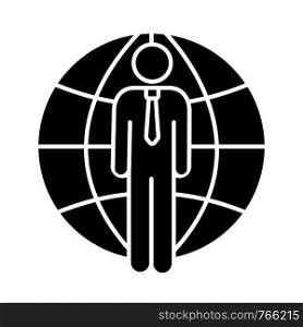 International business glyph icon. Business connections. Integrity. Global trade. Networking. Businessman and globe. Silhouette symbol. Negative space. Vector isolated illustration. International business glyph icon