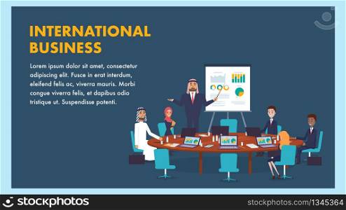 International Business Meeting Company Leadership. Banner Illustration Group Man and Woman Seated Round Wooden Table Using Laptop to Work. Man Arab Standing near Information Board. Growth Profit Chart