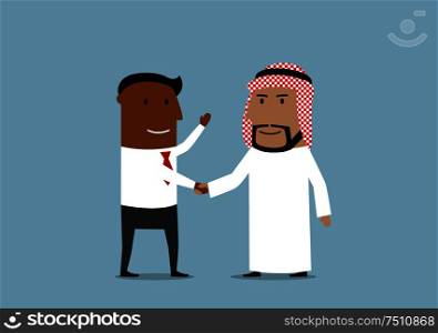 International business partnership, meeting, contract signing cartoon concept design. Successful smiling african american businessman is shaking hands with his arab business partner . Handshake of american and arabian businessmen